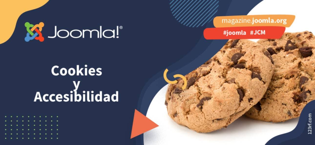 Galletas con chocolate al lado del texto: 'Cookies y Accesibilidad'. También aparece la dirección web de la magazine Joomla (enlace al final de este artículo) y los hashtags #joomla #JCM